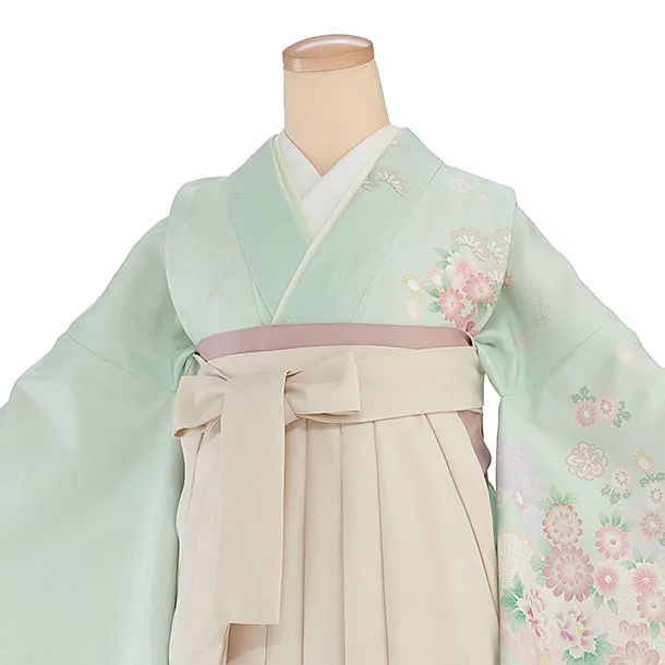 先生,教員向け袴レンタル 1349 薄緑 華瑞祥／クリーム 花七宝袴