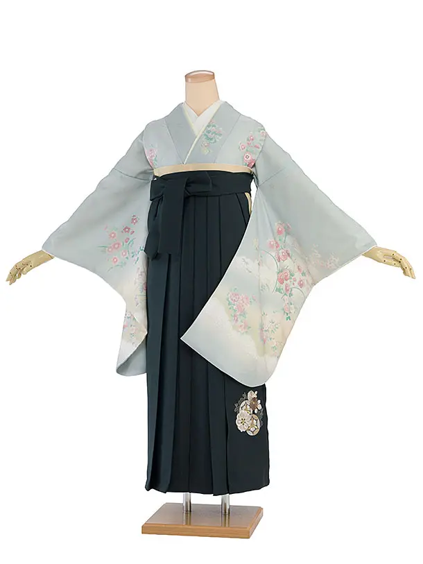 先生,教員向け袴レンタル 1351 ブルーグレー 四季花／深緑 花七宝袴
