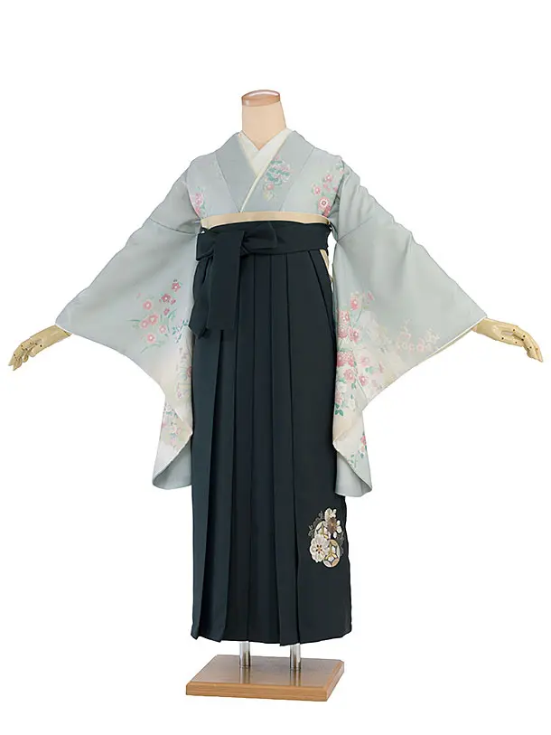 先生,教員向け袴レンタル 1351 ブルーグレー 四季花／深緑 花七宝袴