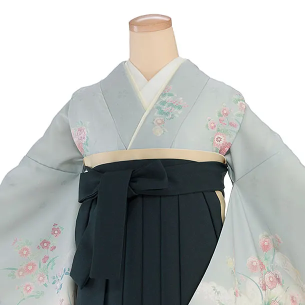 先生,教員向け袴レンタル 1351 ブルーグレー 四季花／深緑 花七宝袴
