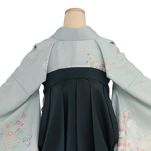 先生,教員向け袴レンタル 1351 ブルーグレー 四季花／深緑 花七宝袴