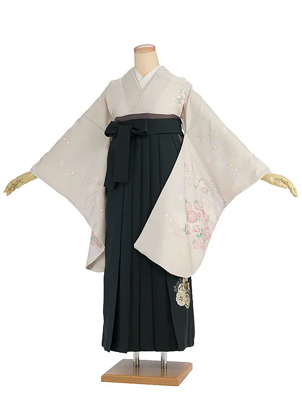 先生,教員向け袴レンタル 1353 ベージュ 秀花瑞祥／深緑 花七宝袴
