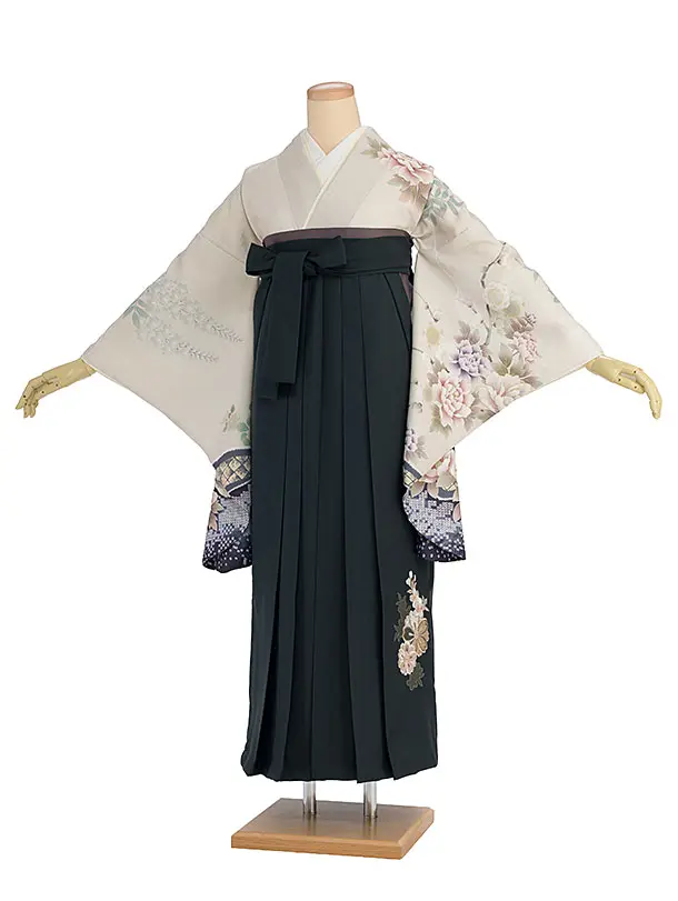 先生,教員向け袴レンタル 1355 ベージュ 梅牡丹鹿の子／深緑 桜刺繍袴
