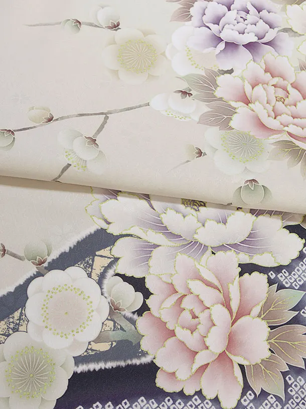 先生,教員向け袴レンタル 1355 ベージュ 梅牡丹鹿の子／深緑 桜刺繍袴