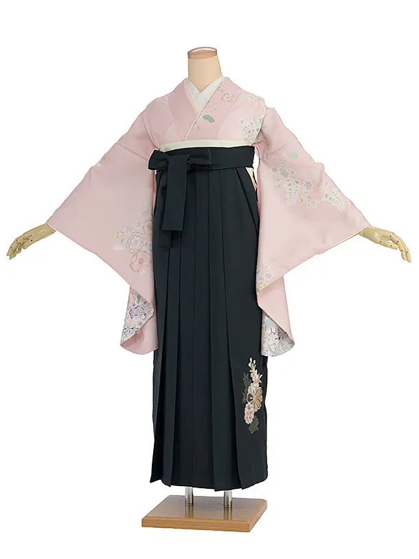 先生,教員向け袴レンタル 1356 ピンク 辻が花風／深緑 桜刺繍袴