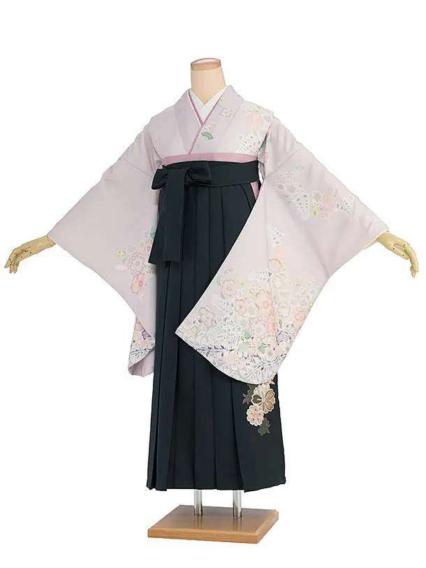 先生,教員向け袴レンタル 1357 薄紫 辻が花風／深緑 桜刺繍袴