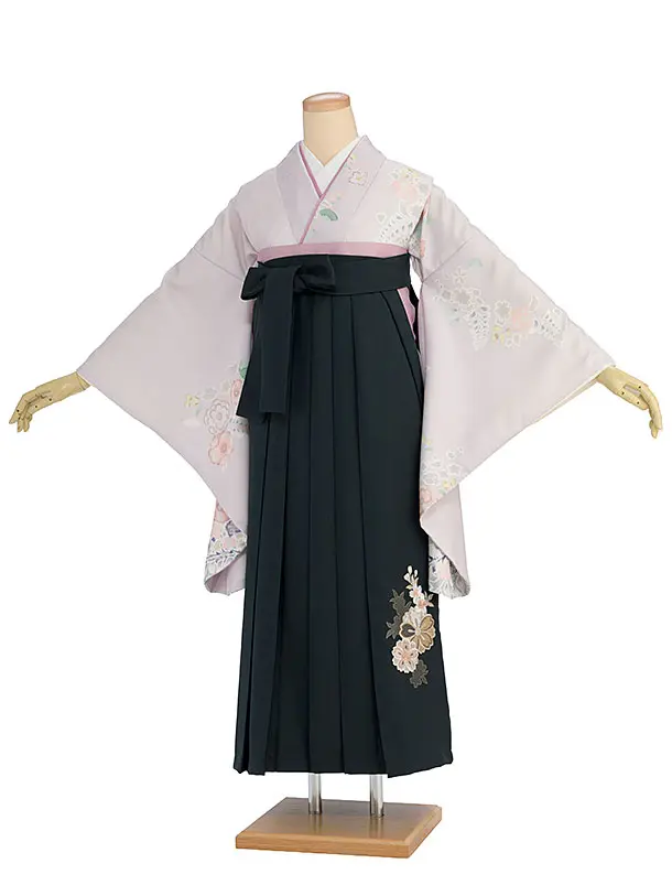 先生,教員向け袴レンタル 1357 薄紫 辻が花風／深緑 桜刺繍袴