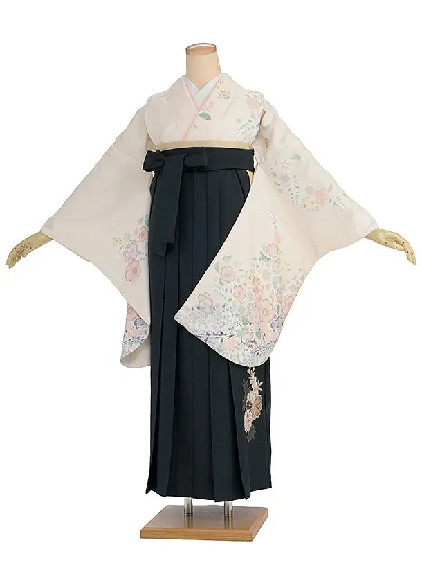 先生,教員向け袴レンタル 1358 クリーム 辻が花風／深緑 桜刺繍袴