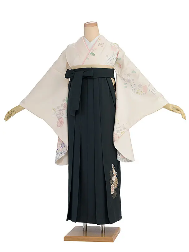 先生,教員向け袴レンタル 1358 クリーム 辻が花風／深緑 桜刺繍袴