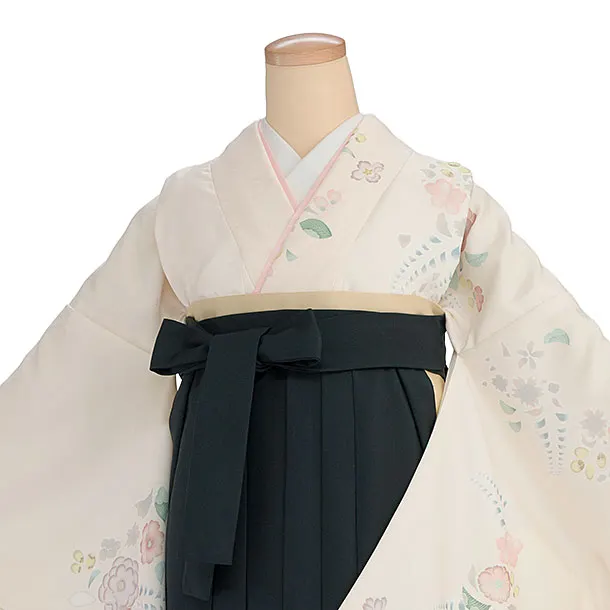 先生,教員向け袴レンタル 1358 クリーム 辻が花風／深緑 桜刺繍袴