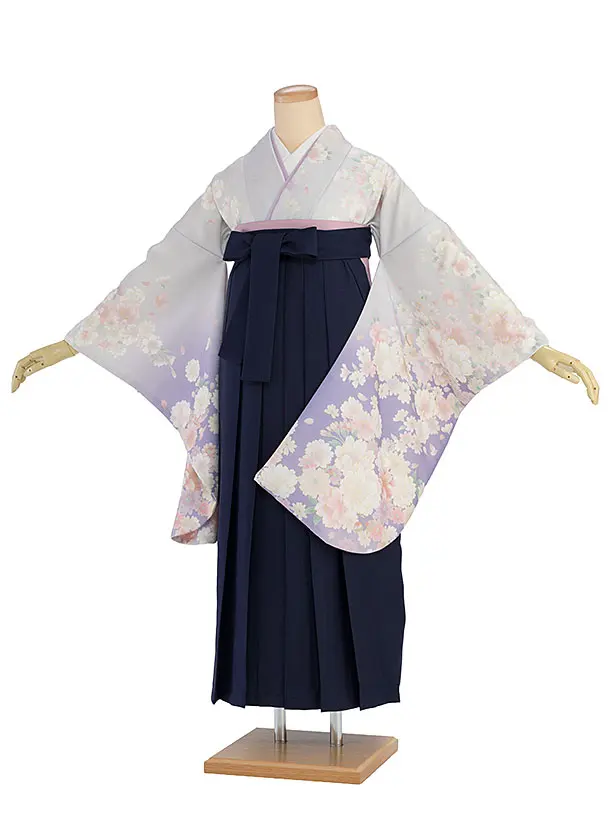 先生,教員向け袴レンタル 1368 淡グレーぼかし 桜／紺袴