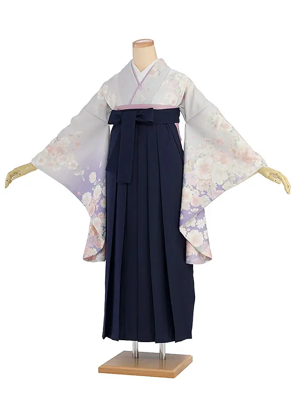 先生,教員向け袴レンタル 1368 淡グレーぼかし 桜／紺袴