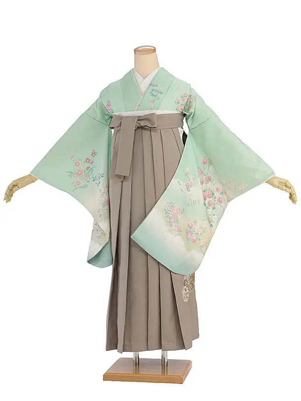 先生,教員向け袴レンタル 1374 緑 四季花／ベージュ 桜刺繍袴