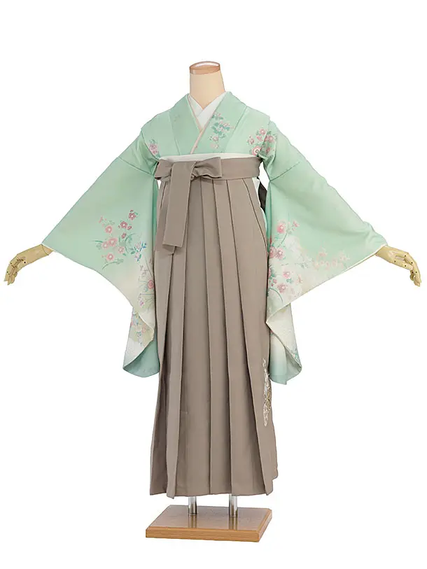 先生,教員向け袴レンタル 1374 緑 四季花／ベージュ 桜刺繍袴