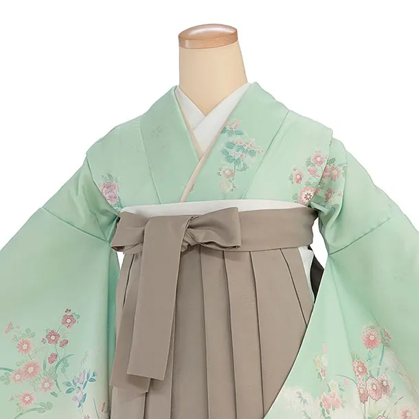 先生,教員向け袴レンタル 1374 緑 四季花／ベージュ 桜刺繍袴