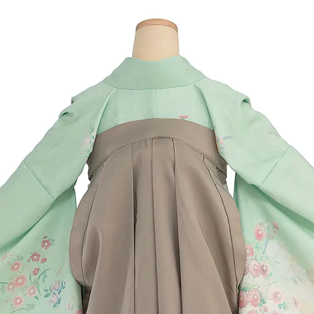 先生,教員向け袴レンタル 1374 緑 四季花／ベージュ 桜刺繍袴