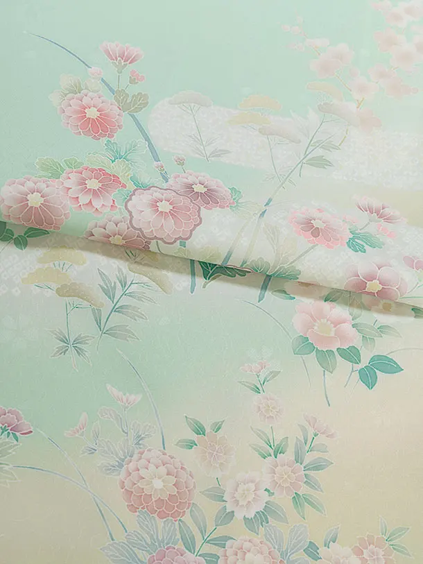 先生,教員向け袴レンタル 1374 緑 四季花／ベージュ 桜刺繍袴