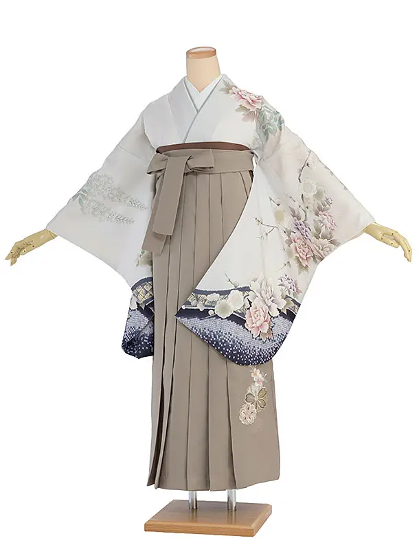 先生,教員向け袴レンタル 1375 淡グレー 梅牡丹鹿の子／ベージュ 桜刺繍袴
