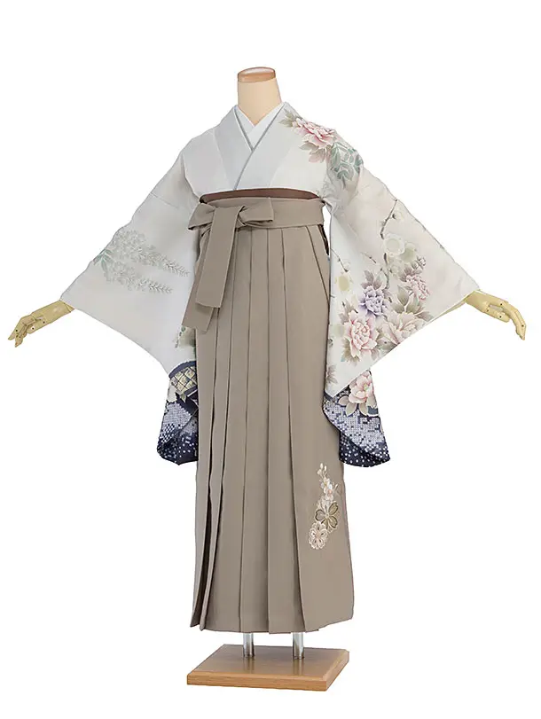 先生,教員向け袴レンタル 1375 淡グレー 梅牡丹鹿の子／ベージュ 桜刺繍袴