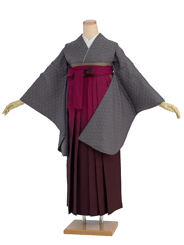 先生,教員向け袴レンタル 1409 グレー／ワインぼかし袴