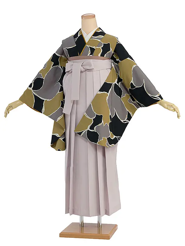 先生,教員向け袴レンタル 1410 黒黄土グレー 猫／ピンクベージュ袴