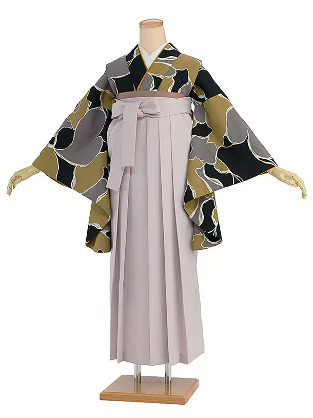 先生,教員向け袴レンタル 1410 黒黄土グレー 猫／ピンクベージュ袴