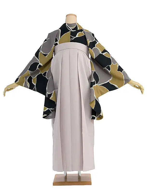 先生,教員向け袴レンタル 1410 黒黄土グレー 猫／ピンクベージュ袴