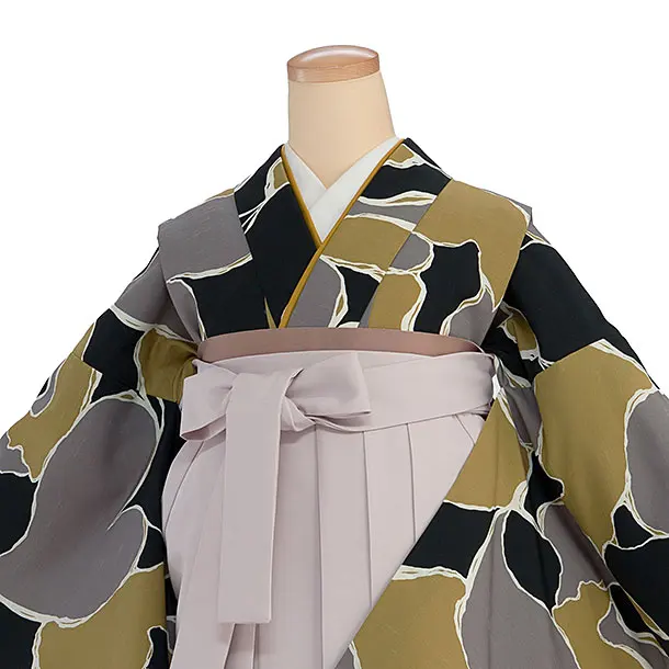 先生,教員向け袴レンタル 1410 黒黄土グレー 猫／ピンクベージュ袴