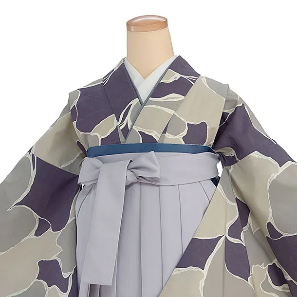 先生,教員向け袴レンタル 1411 青紫ベージュグレー 猫／淡ブルーグレー袴