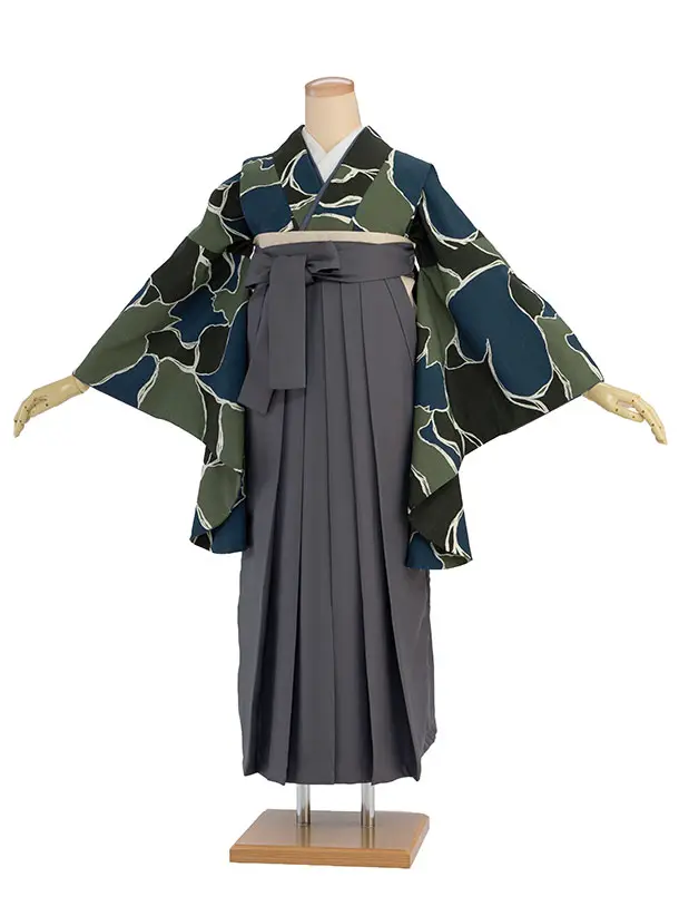 先生,教員向け袴レンタル 1412 黒青緑 猫／グレー袴
