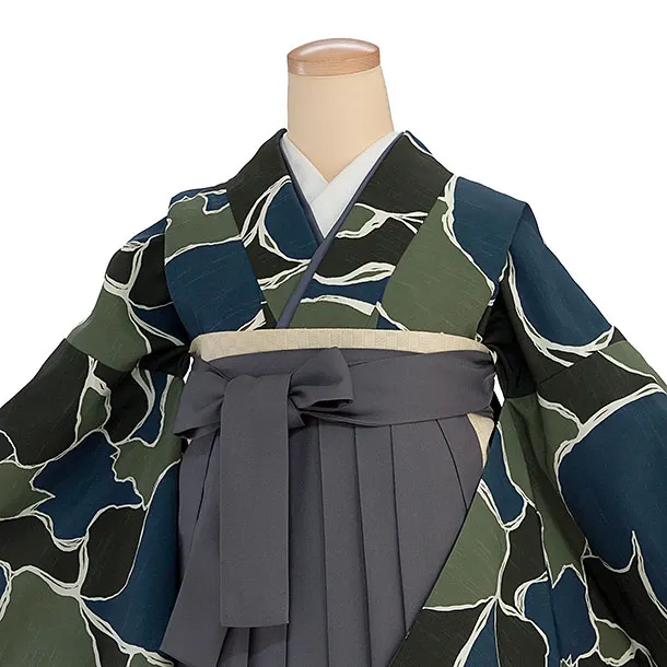 先生,教員向け袴レンタル 1412 黒青緑 猫／グレー袴