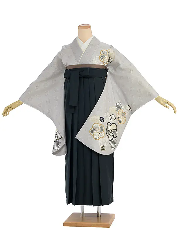 先生,教員向け袴レンタル 1433 グレー 梅七宝／深緑袴