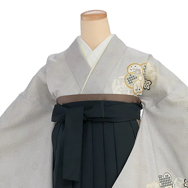 先生,教員向け袴レンタル 1433 グレー 梅七宝／深緑袴