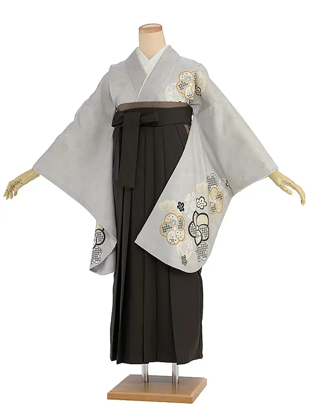 先生,教員向け袴レンタル 1434 グレー 梅七宝／チャコール袴