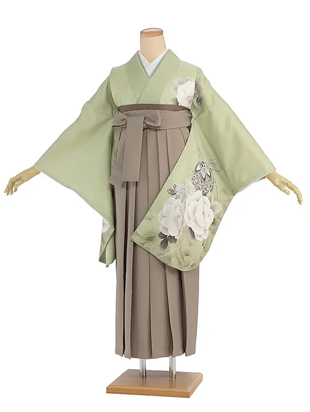 先生,教員向け袴レンタル 1435 抹茶色 牡丹鈴／ベージュ袴