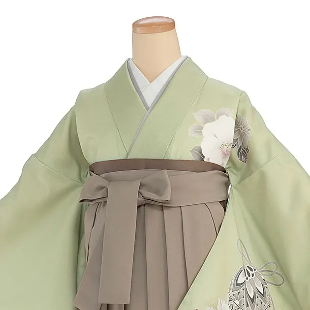 先生,教員向け袴レンタル 1436 抹茶色 牡丹鈴／ベージュ袴