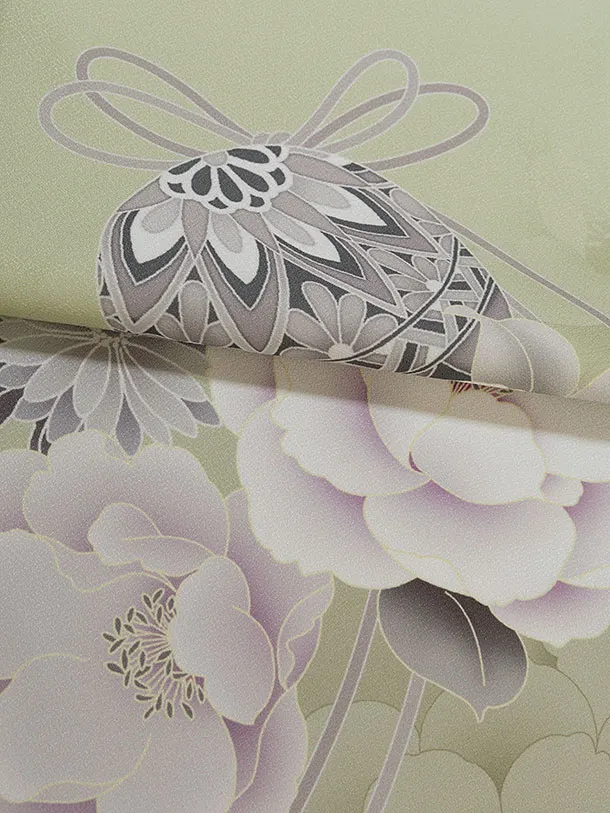 先生,教員向け袴レンタル 1436 抹茶色 牡丹鈴／ベージュ袴