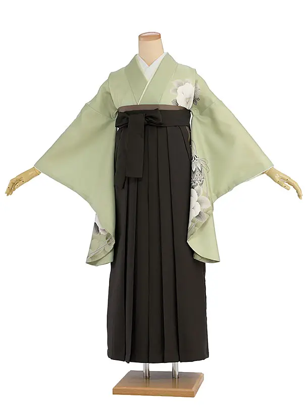 先生,教員向け袴レンタル 1438 抹茶色 牡丹鈴／チャコール袴