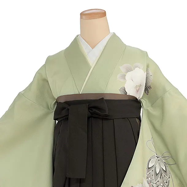 先生,教員向け袴レンタル 1438 抹茶色 牡丹鈴／チャコール袴