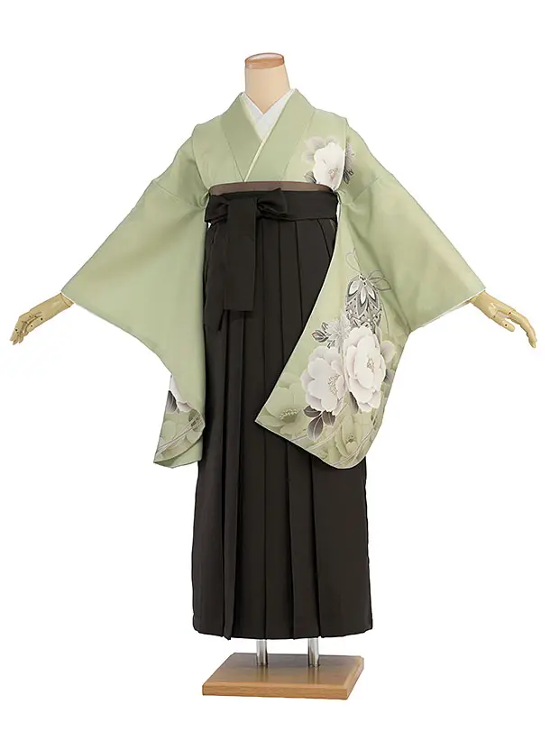 先生,教員向け袴レンタル 1439 抹茶色 牡丹鈴／チャコール袴