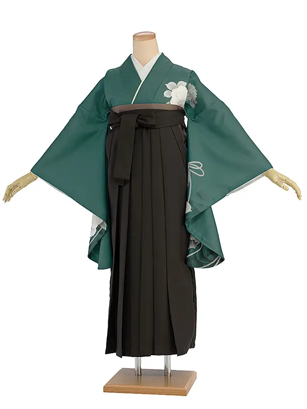 先生,教員向け袴レンタル 1440 グリーン 牡丹鈴／チャコール袴