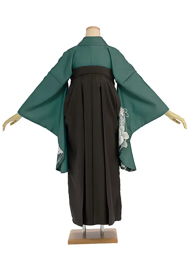 先生,教員向け袴レンタル 1440 グリーン 牡丹鈴／チャコール袴