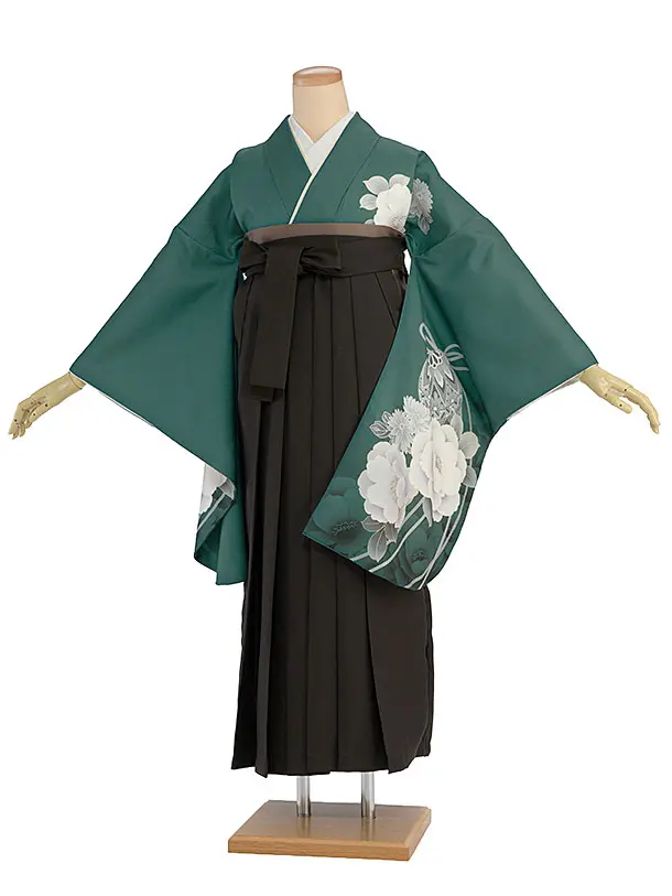 先生,教員向け袴レンタル 1441 グリーン 牡丹鈴／チャコール袴