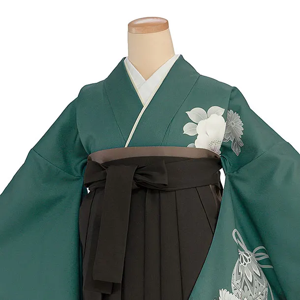 先生,教員向け袴レンタル 1441 グリーン 牡丹鈴／チャコール袴