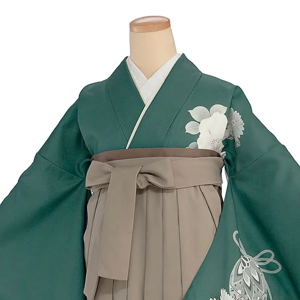 先生,教員向け袴レンタル 1442 グリーン 牡丹鈴／ベージュ袴