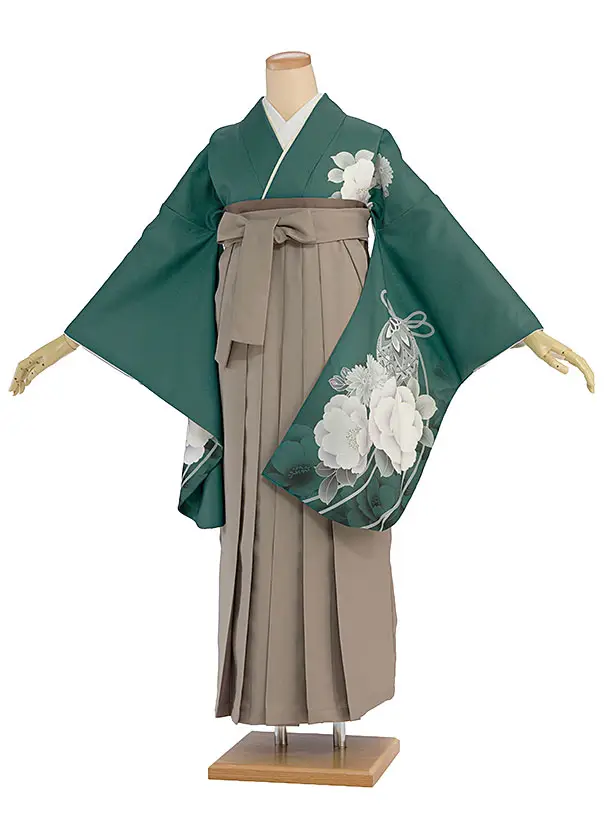 先生,教員向け袴レンタル 1444 グリーン 牡丹鈴／ベージュ袴
