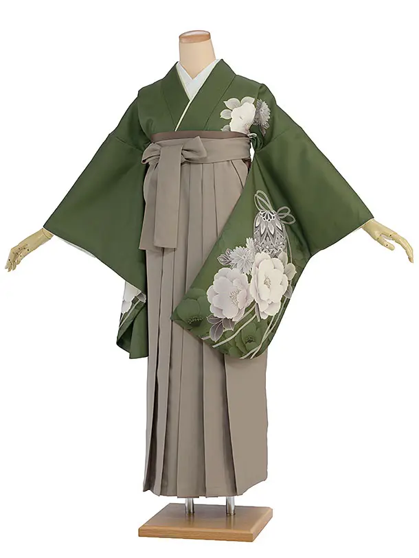 先生,教員向け袴レンタル 1445 モスグリーン 牡丹鈴／ベージュ袴