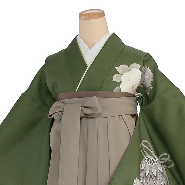 先生,教員向け袴レンタル 1447 モスグリーン 牡丹鈴／ベージュ袴