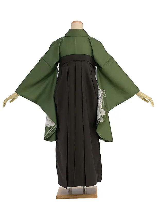 先生,教員向け袴レンタル 1448 モスグリーン 牡丹鈴／チャコール袴