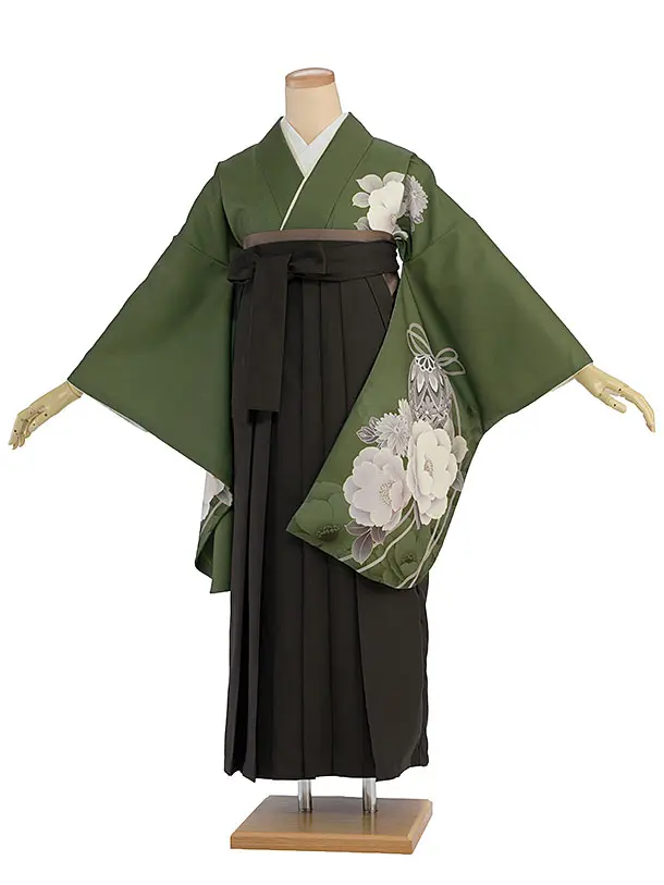 先生,教員向け袴レンタル 1449 モスグリーン 牡丹鈴／チャコール袴